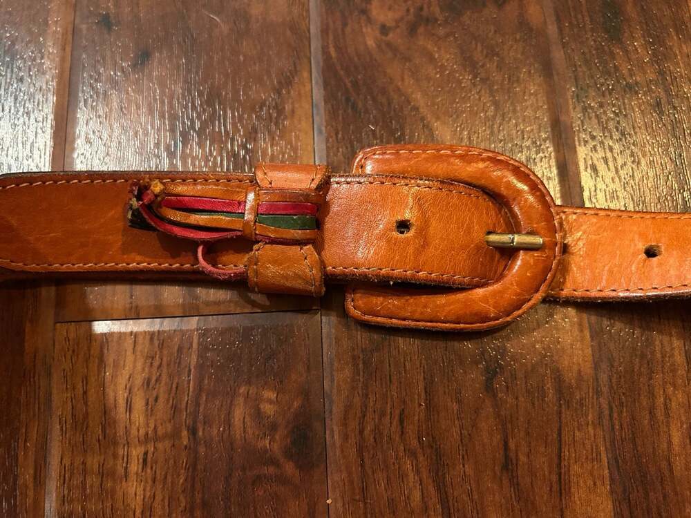 Vintage Dockers Brown Leather Belt Size L w/Leather Buckle and Colorful Tassels